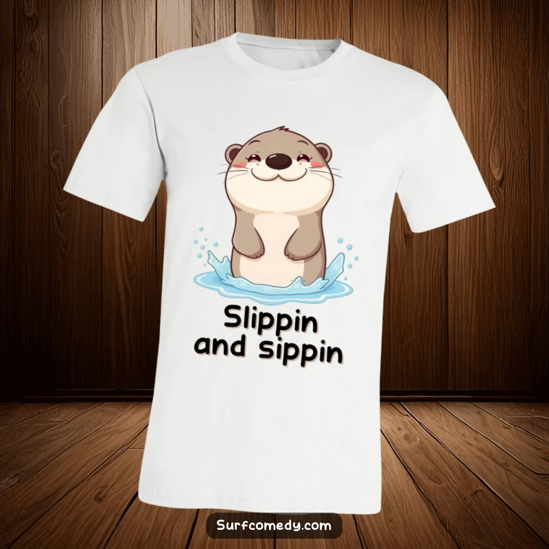 Funny sea otter with a wide grin, sliding down a water spray, printed on a t-shirt.