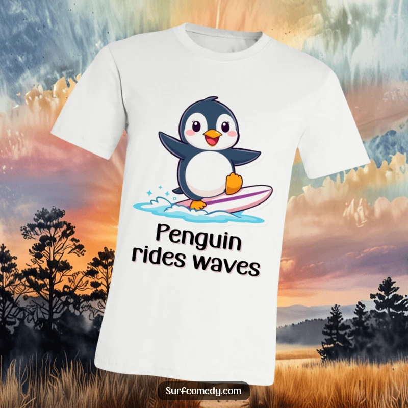 A smiling penguin character bravely attempting to surf a small surfboard on a comfortable t-shirt.