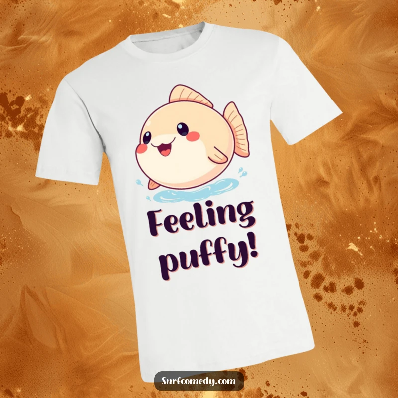 Funny t-shirt depicting a playful pufferfish fully inflated with joy, bobbing merrily on the water, radiating pure happiness.