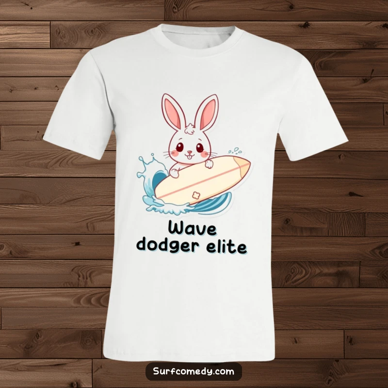 Funny t-shirt depicting a rabbit using its surfboard defensively against a playful wave splash.