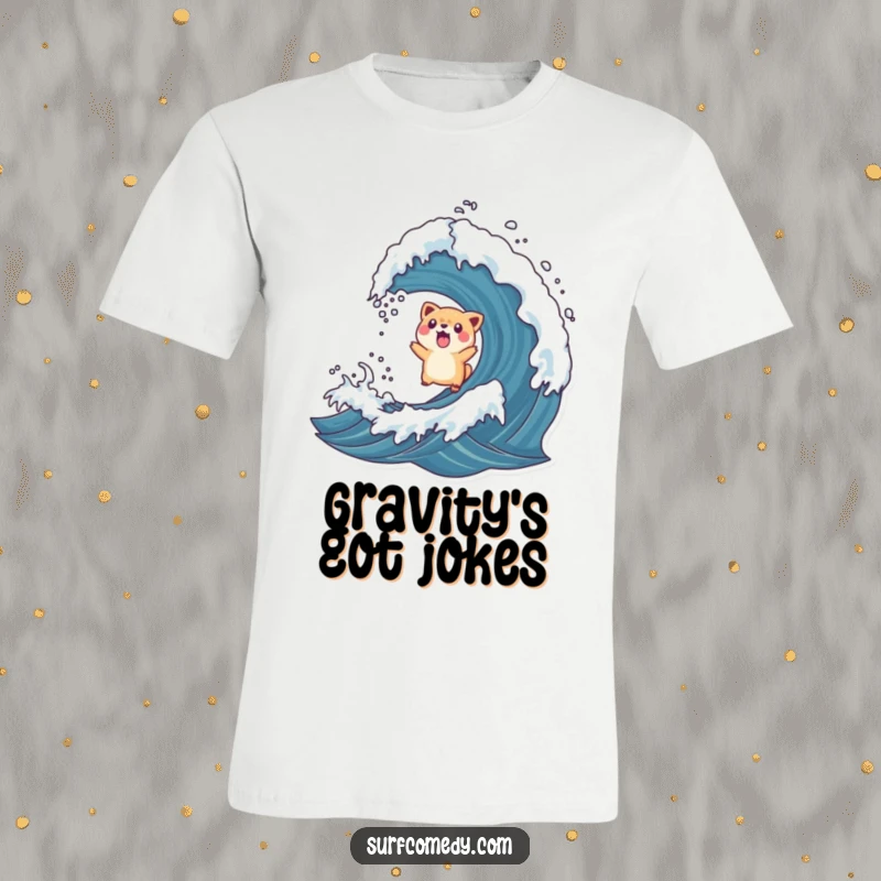 Funny t-shirt showing a surprised animal character being tossed high into the air by a rogue wave, a comical depiction of chaos.