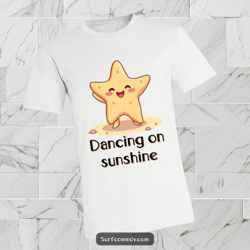 Funny t-shirt depicting a cheerful kawaii starfish performing a lively dance on a sandy beach.