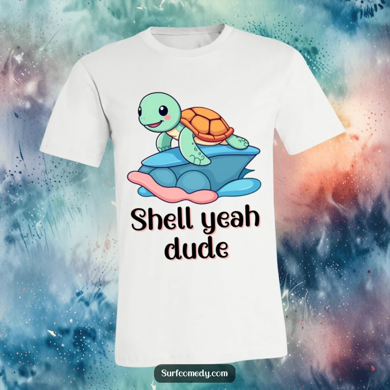 Funny t-shirt depicting a cheerful sea turtle expertly surfing on a big, vibrant shell, capturing the spirit of beach life and adventure.