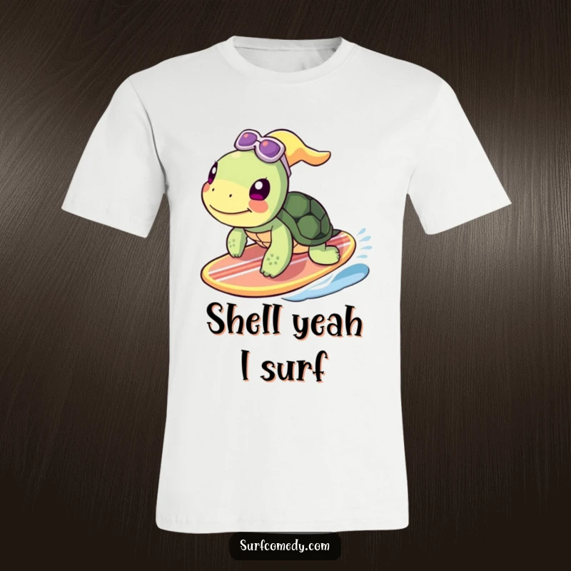 Funny turtle character with a surfboard, paddling happily in the ocean, radiating pure joy, a hilarious beach tee.