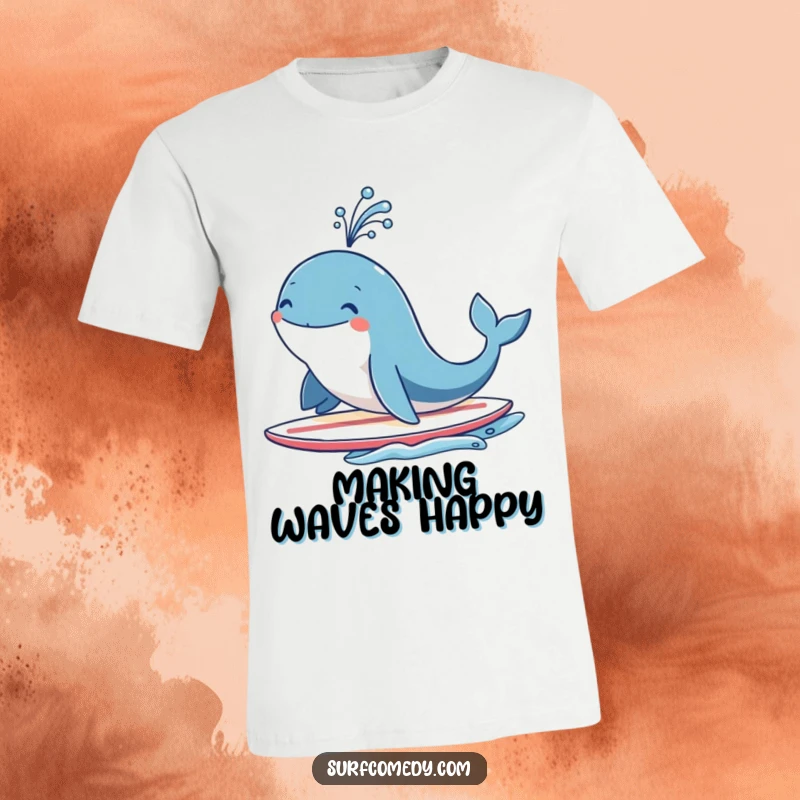 Funny smiling whale character on a surfboard, joyfully spouting water like a fountain, expressing coastal fun and cheerful energy.