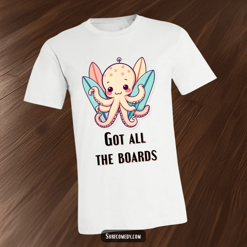 Funny kawaii octopus character holding multiple surfboards with all its tentacles, funny t-shirt.