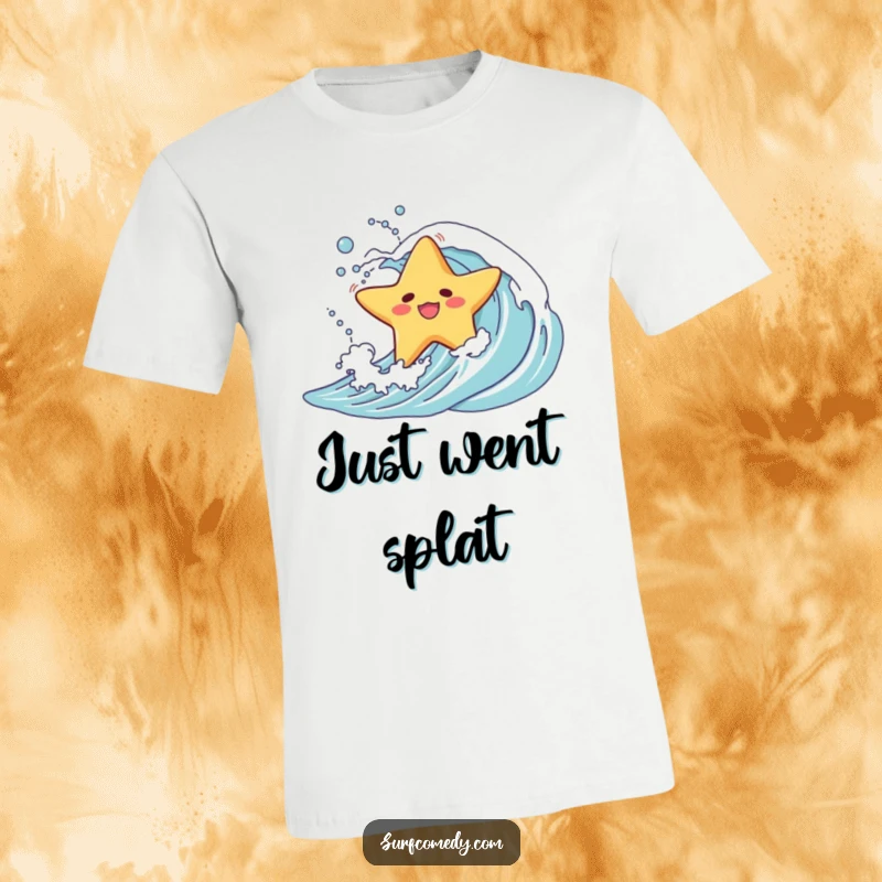 Funny t-shirt showing a small starfish character comically wiped out and tumbling down a wave, capturing beach mishap humor.