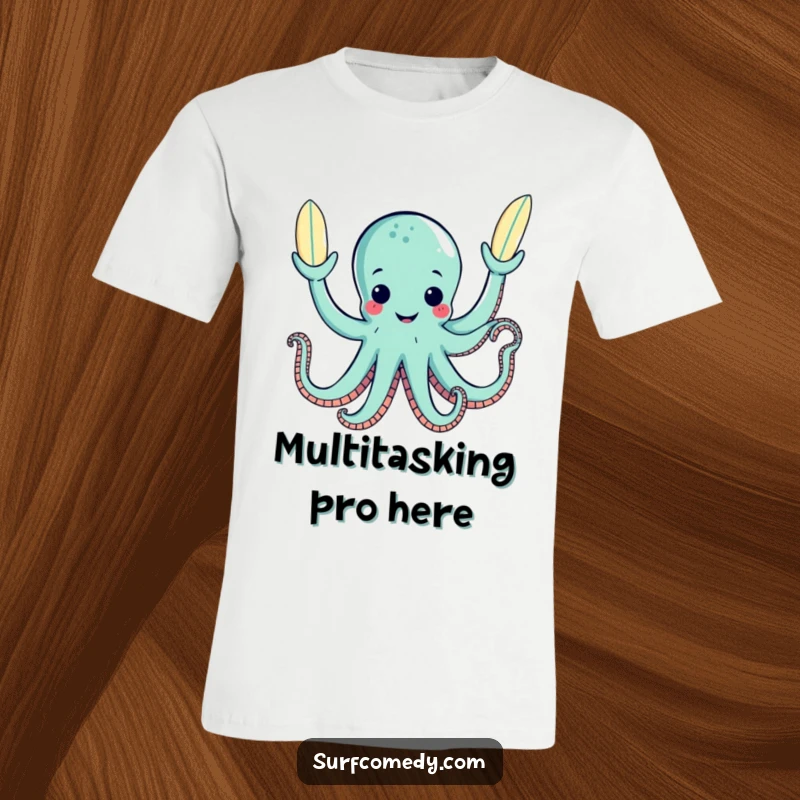Funny happy octopus juggling three surfboards with its tentacles, printed on a comfortable t-shirt.