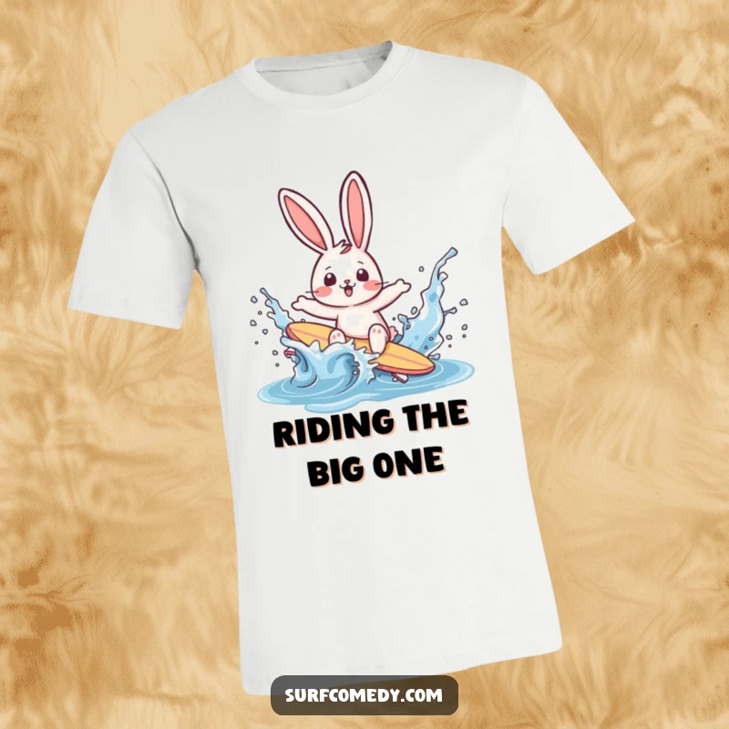 Funny rabbit surfer wiping out comically in a water splash on a t-shirt, showcasing surprise and seaside mishaps.