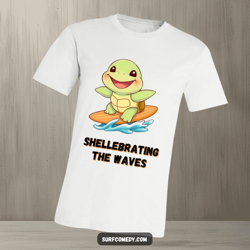 Funny cute sea turtle with a massive grin, cruising on a surfboard, featured on this cool t-shirt.