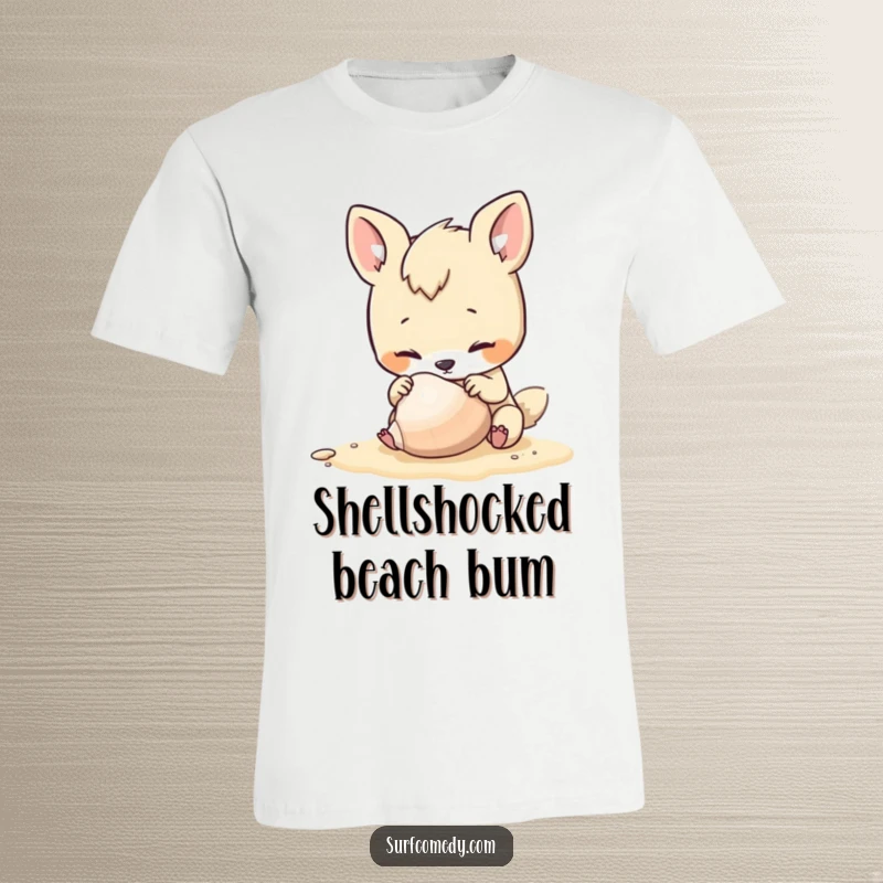 Funny t-shirt with a curious animal character examining a seashell on a sandy beach, radiating playful exploration.