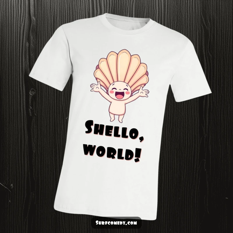 Funny t-shirt featuring a happy character with arms outstretched, catching a giant, colorful seashell, celebrating beach happiness.