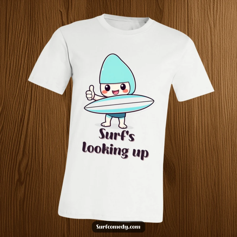 Funny Kawaii character t-shirt with surfboard giving a cheerful thumbs up, ideal for a funny beach lover gift.