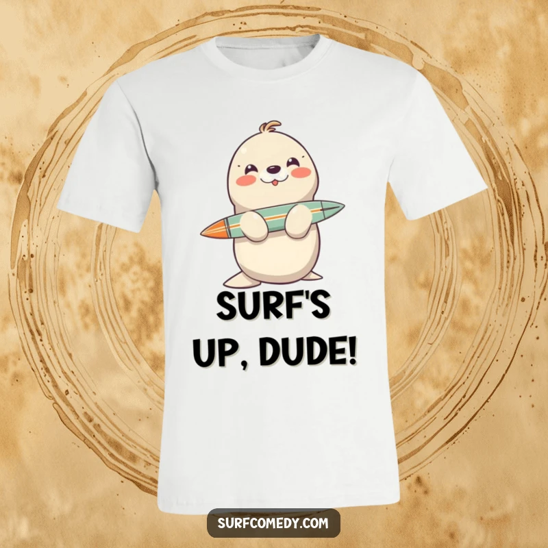 Funny smiling seal character expertly balancing a surfboard on its nose, printed on a t-shirt.