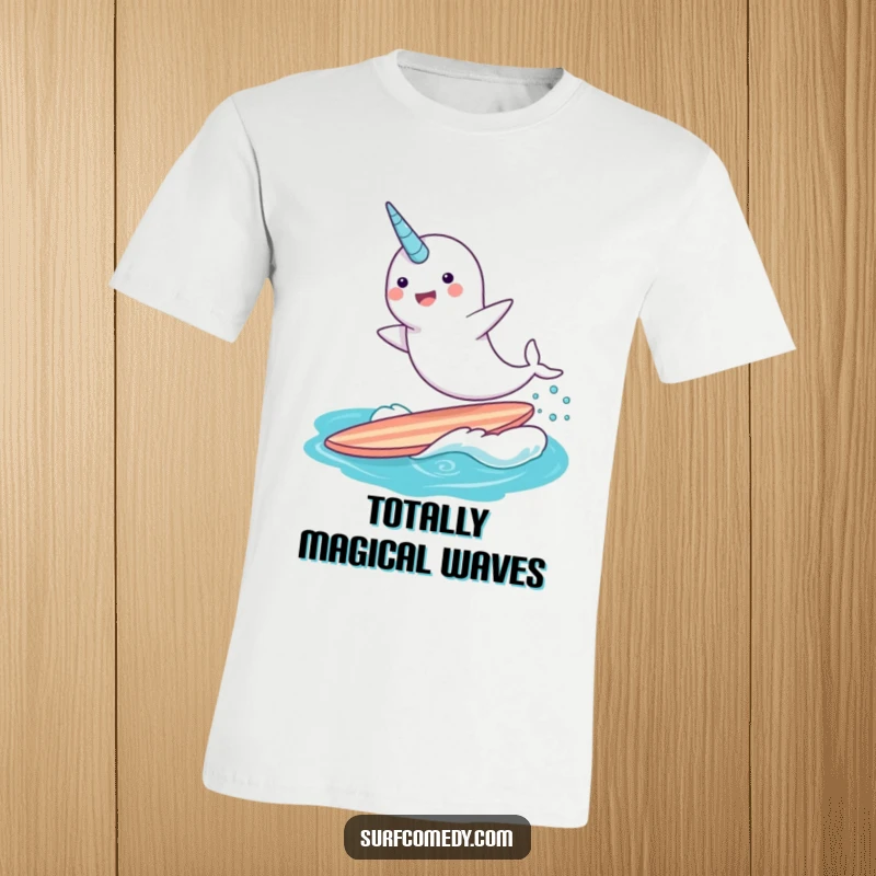 Funny narwhal with a horn, surfing a surfboard mid-air, a whimsical and hilarious depiction for fantasy lovers.