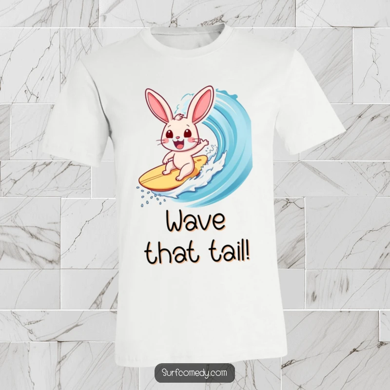 Funny Surfer Rabbit T-Shirt: An ecstatic rabbit surfs a massive wave, radiating pure joy and exhilarating energy, a hilarious gift.