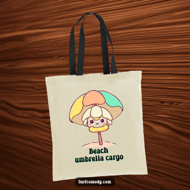 Funny Kawaii character smiling and peeking from a beach umbrella on a practical and humorous tote bag.