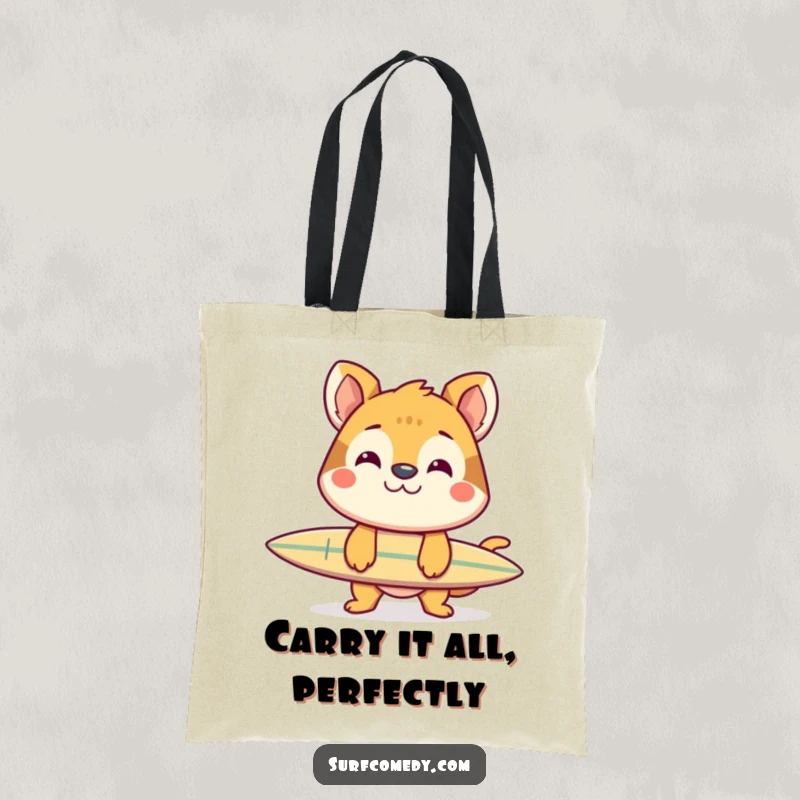 Funny tote bag with a cheerful animal grinning while balancing a surfboard on its nose, a humorous and practical accessory.