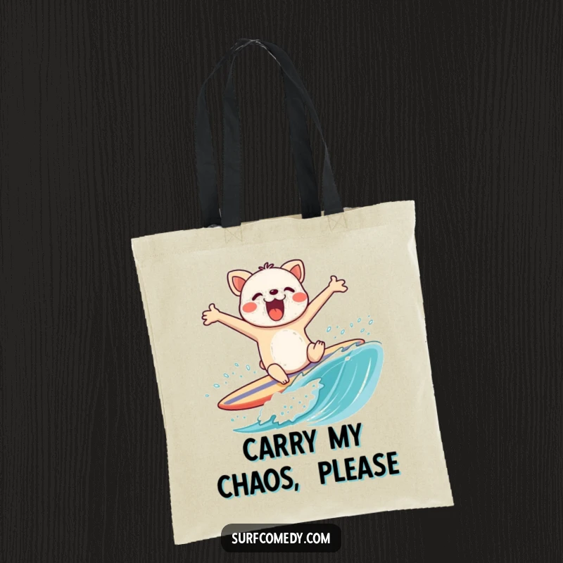Funny tote bag depicting a playful animal character comically wiping out on a surfboard, arms flailing, a perfect beach humor item.