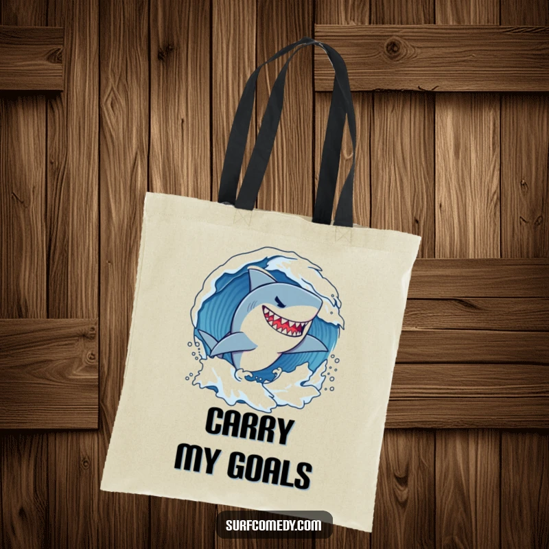 Funny determined shark character fiercely carving through a wave with a confident grin, a stylish and humorous tote for ocean lovers.