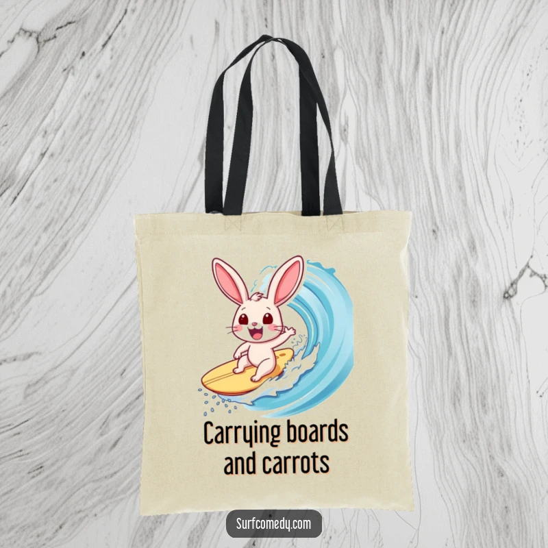 Funny Surfer Rabbit Tote Bag: A cheerful rabbit prepares to surf a massive wave, perfect for carrying essentials with a humorous touch.