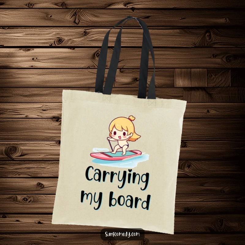 Funny Kawaii character balancing on a paddleboard on a practical and humorous tote bag, ready for adventure.