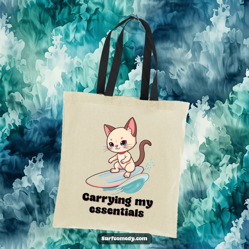 Funny Siamese Cat Surfer Tote Bag: A chic Siamese cat elegantly surfs a wave, showcasing cool style and subtle humor.