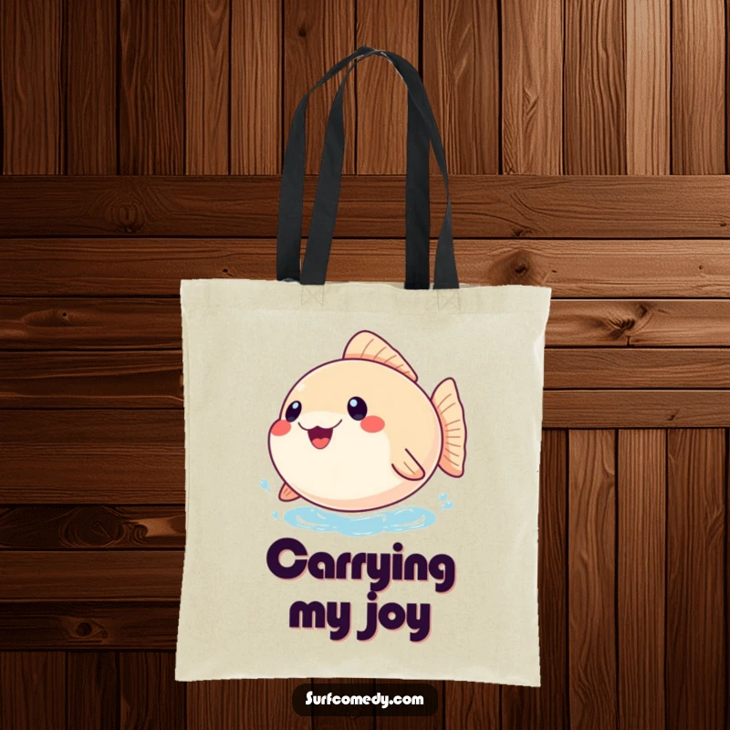 Funny tote bag featuring a joyful, inflated pufferfish bobbing on the water, designed for carrying essentials with a dose of aquatic cheer.