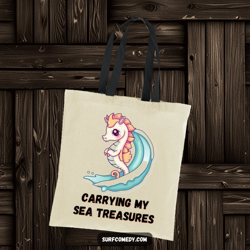 Funny tote bag with a cute kawaii seahorse riding a curling wave, perfect for carrying beach gear or daily essentials.