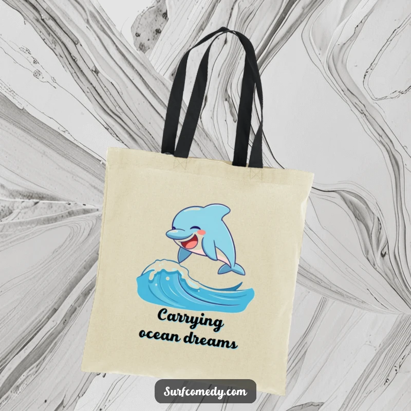 Funny laughing dolphin leaping over a playful ocean wave, on a durable and funny tote bag.