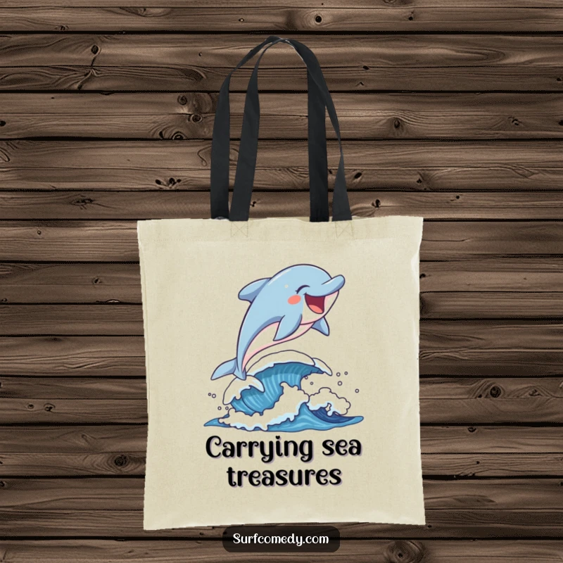 A laughing dolphin leaping over a playful wave, printed on a spacious and fun tote bag.