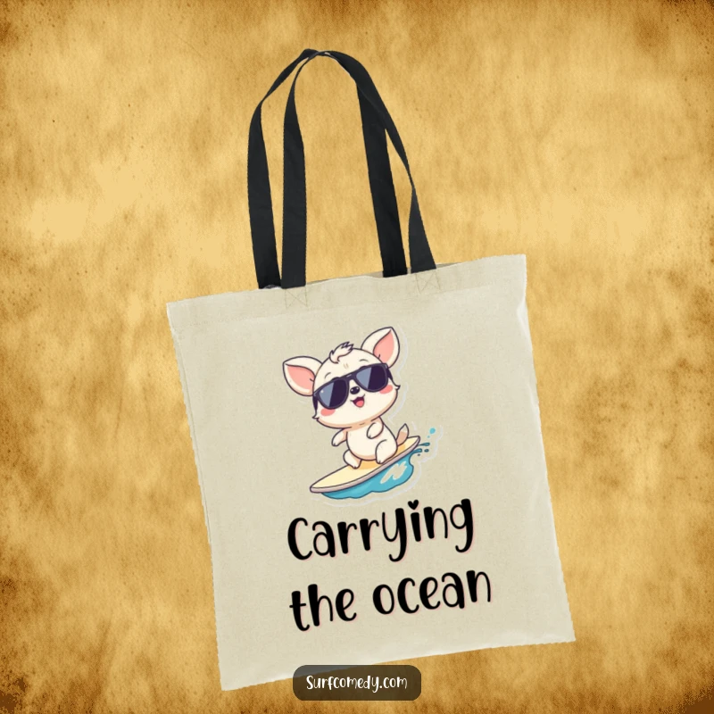 Funny surf's up tote bag, a giggling animal in sunglasses riding a wave, perfect for beach days, a fun funny gift.