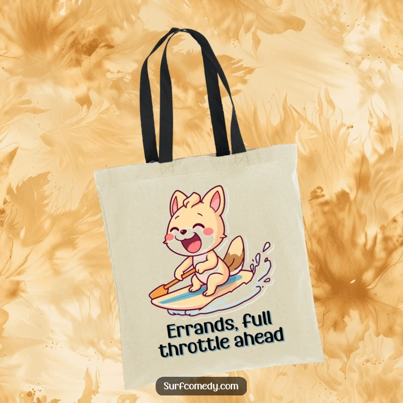 Funny tote bag depicting an excited animal paddling furiously with a surfboard behind it, a humorous and practical accessory.
