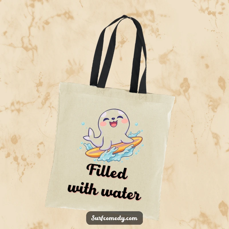 Funny laughing seal character sliding off a surfboard into a refreshing splash, a stylish and humorous tote for beach lovers.