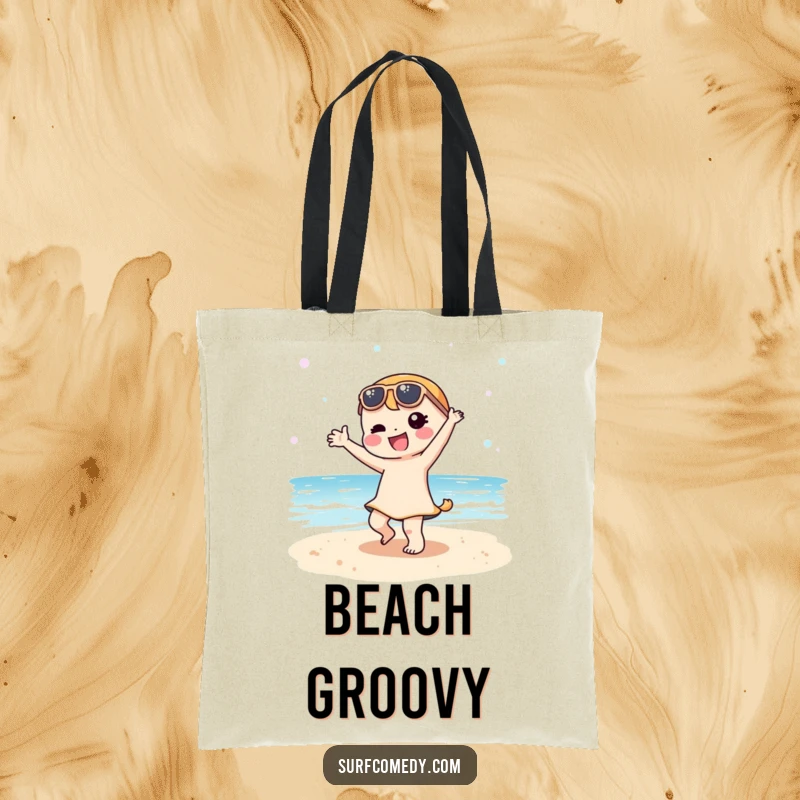 Funny Kawaii character dancing joyfully on a sandy beach, printed on a practical and humorous tote bag.