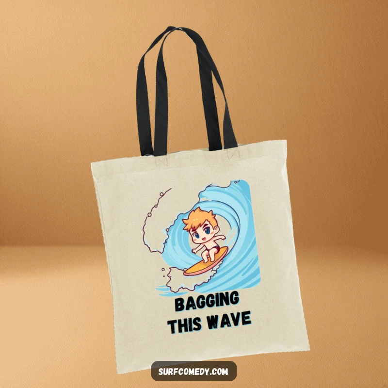 Funny Kawaii character tote bag showing determined surfing on a giant wave, perfect for a funny adventure gift.