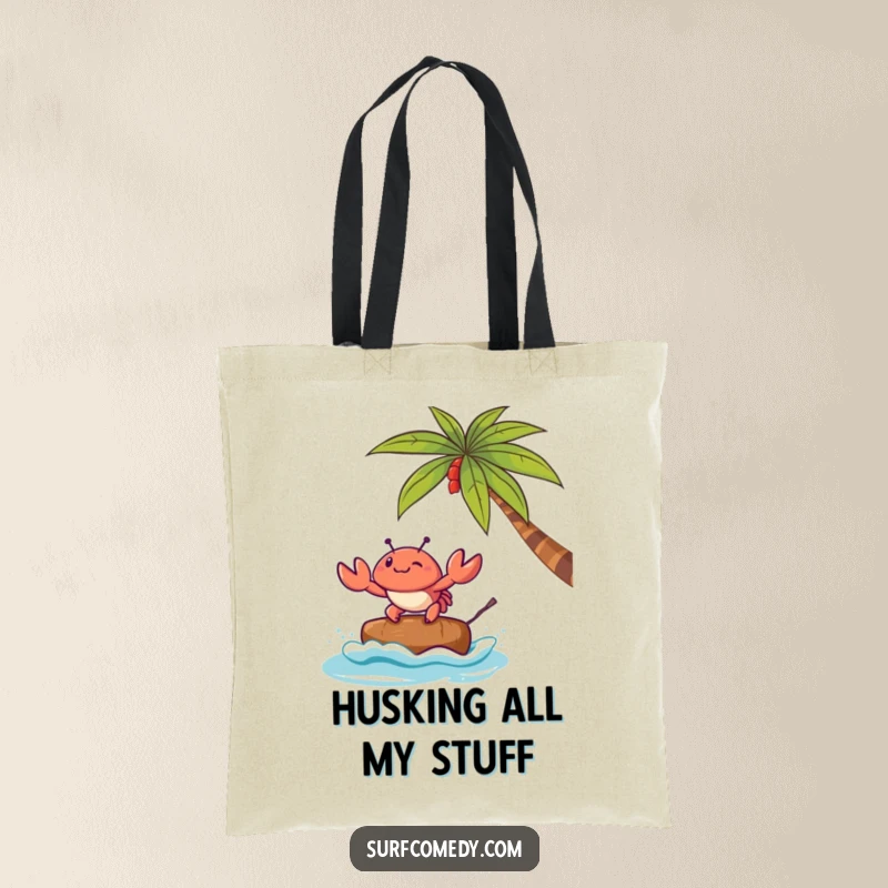 Funny tote bag featuring a Kawaii crab character surfing a tiny coconut, perfect for beach trips and shopping.