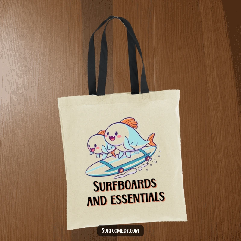 Funny kawaii fish characters balancing on a surfboard, a charming and humorous tote bag for everyday adventures. Great funny gift.