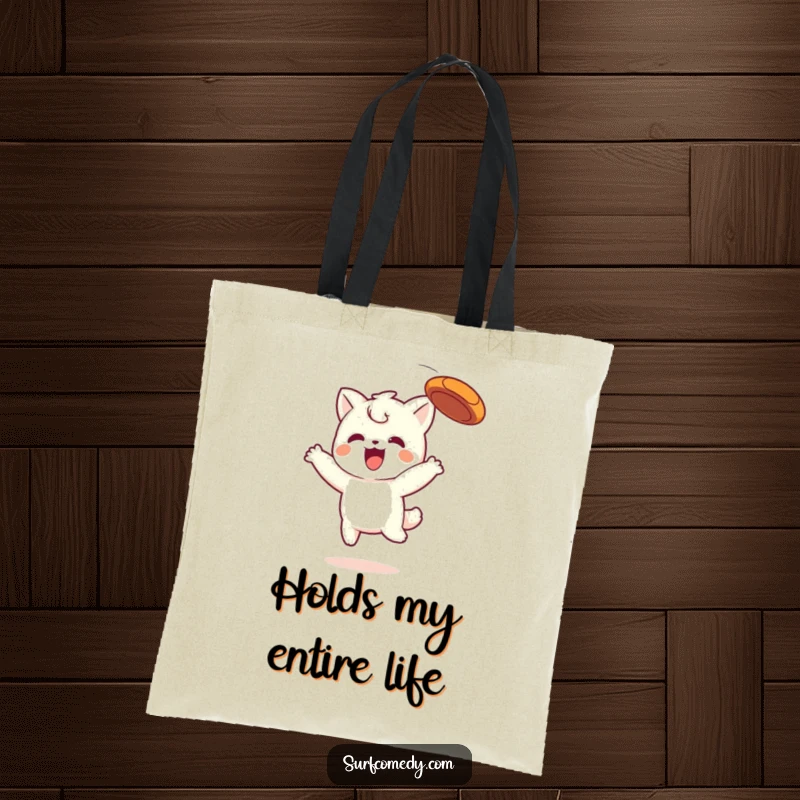 Funny Kawaii tote bag illustrating a cute character gleefully catching a frisbee mid-air, ready for park adventures.