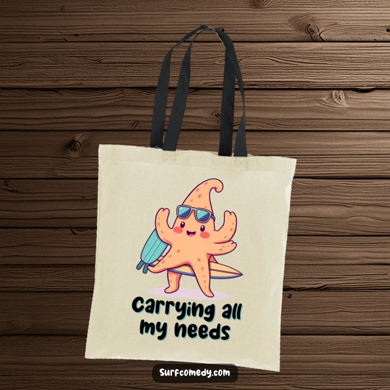 Funny tote bag with a cute kawaii starfish character balancing a surfboard on its arms, perfect for carrying beach gear with charm.