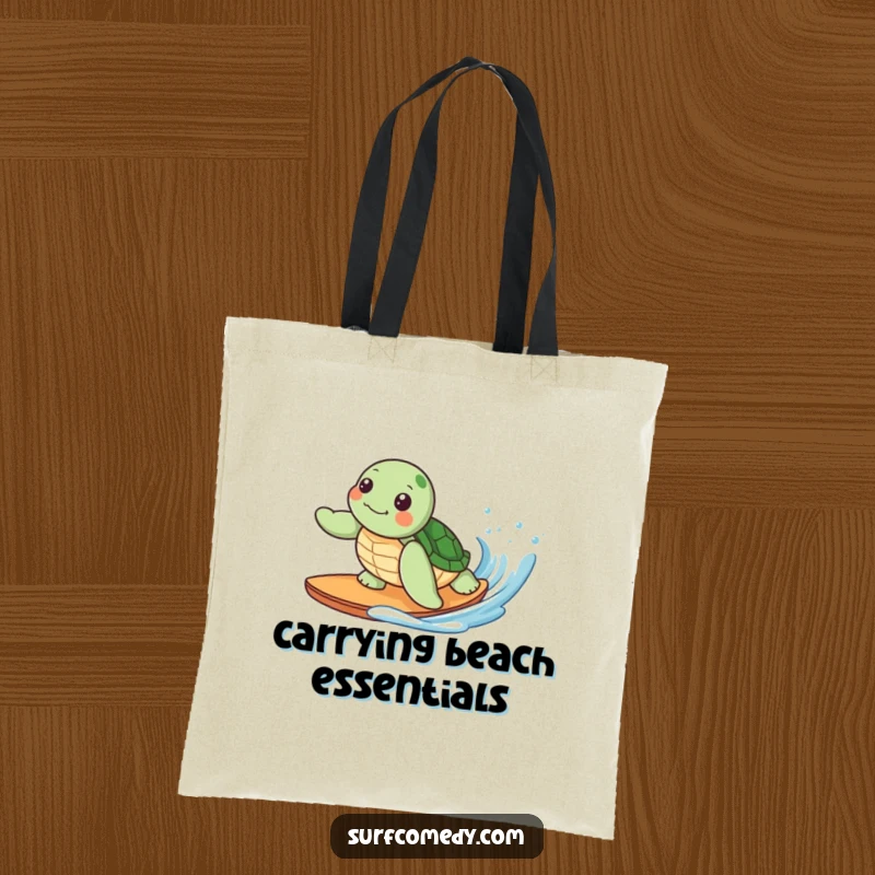 Funny tote bag with a cute kawaii sea turtle character surfing a gentle wave, perfect for carrying beach gear with style.