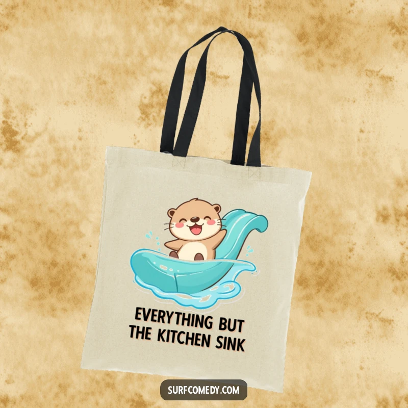 Funny joyful otter character zipping down a water slide, featured on a practical tote bag.