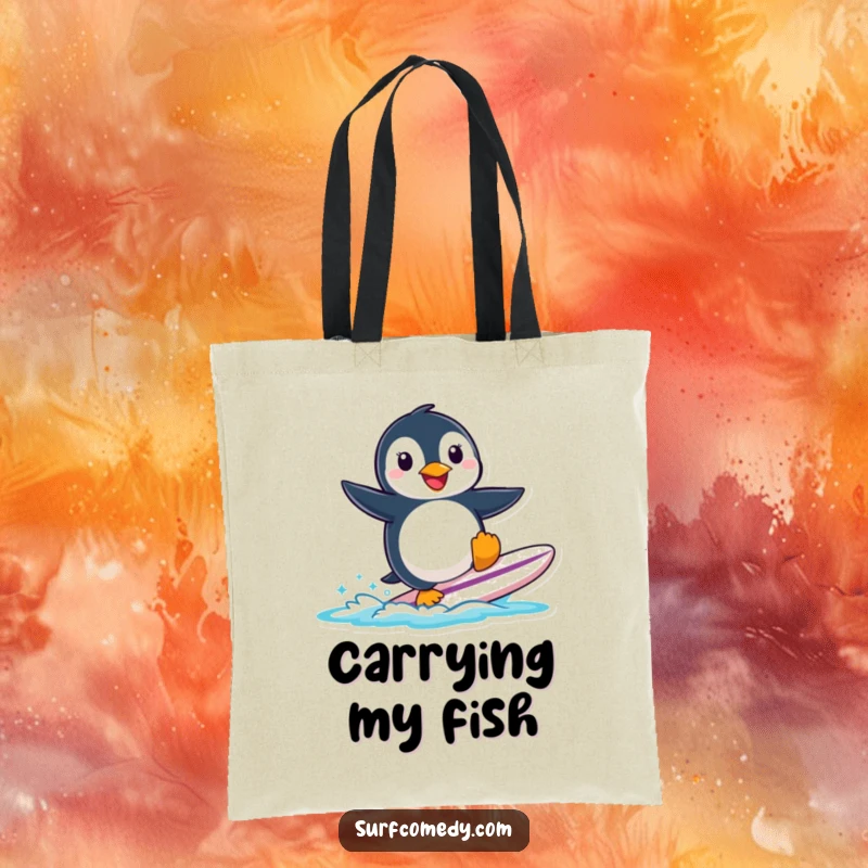 A smiling penguin character attempting to surf a small surfboard, printed on a spacious and fun tote bag.