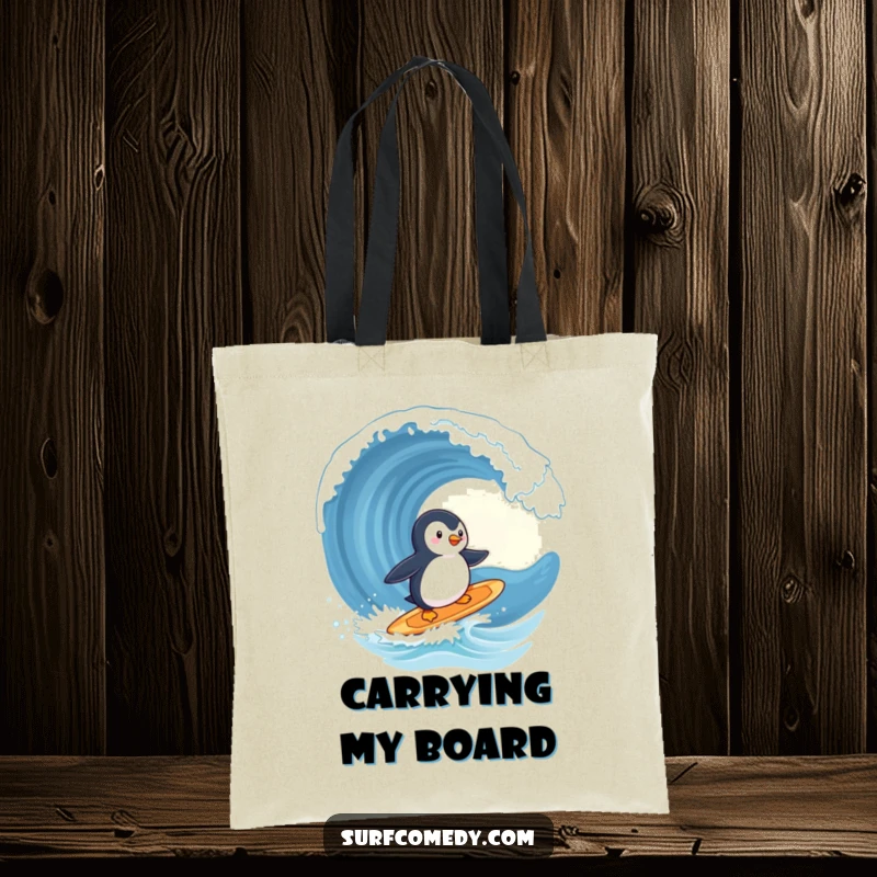 Funny penguin tote bag, cute character surfing a surfboard, heading towards a giant wave, beach accessory, ideal funny gift.