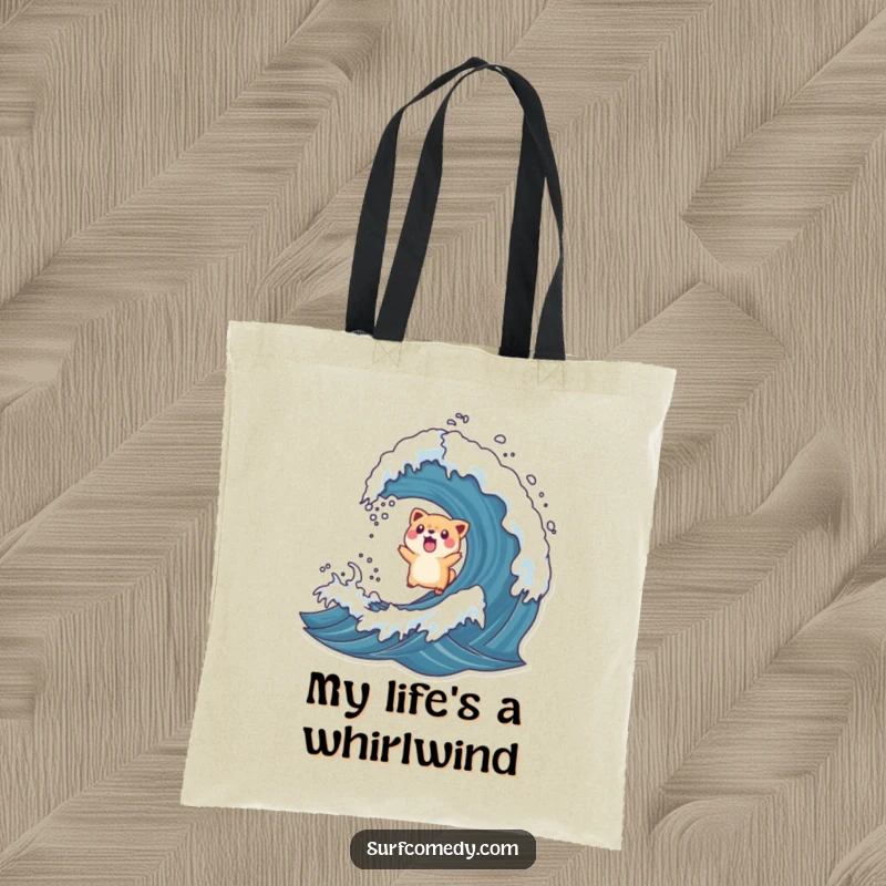 Funny tote bag depicting a surprised animal character being tossed by a rogue wave, a humorous accessory for unexpected journeys.