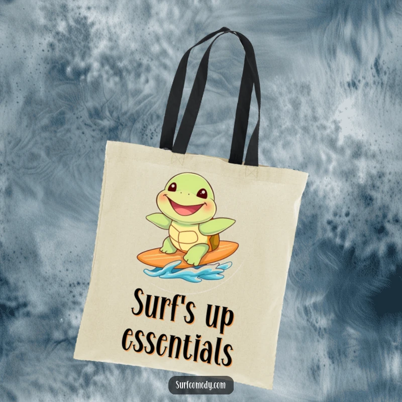 Funny cute sea turtle with a huge grin, riding a surfboard, on a durable and funny tote bag.