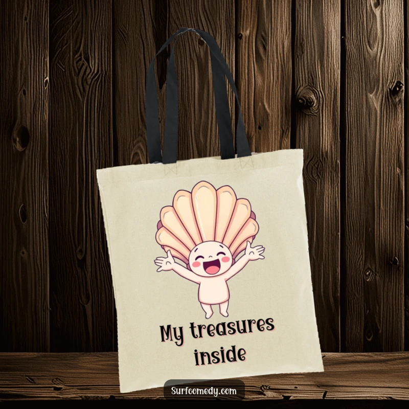 Funny tote bag featuring a happy character with arms outstretched, catching a giant, colorful seashell, ideal for beach trips.