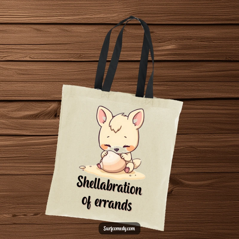 Funny tote bag starring a curious animal character examining a seashell on the beach, showcasing its love for the shore.