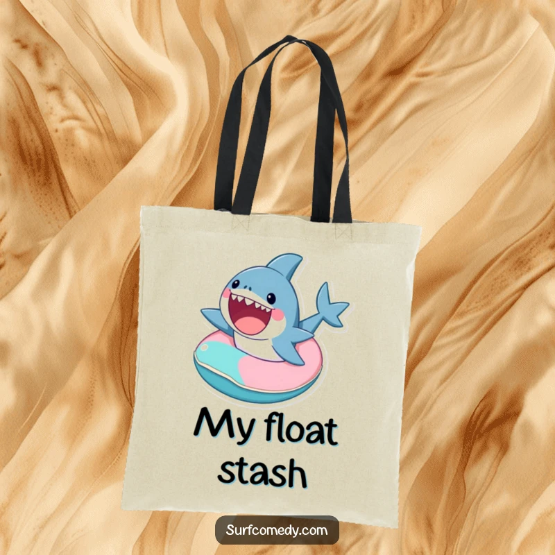 Funny cute shark riding a tiny, colorful inner tube, printed on a durable tote bag.