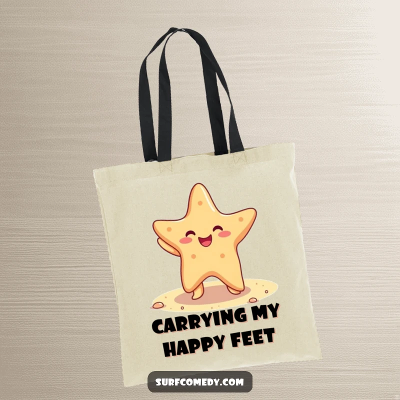 Funny tote bag illustrating a happy starfish dancing on a sandy beach, perfect for carrying daily items.